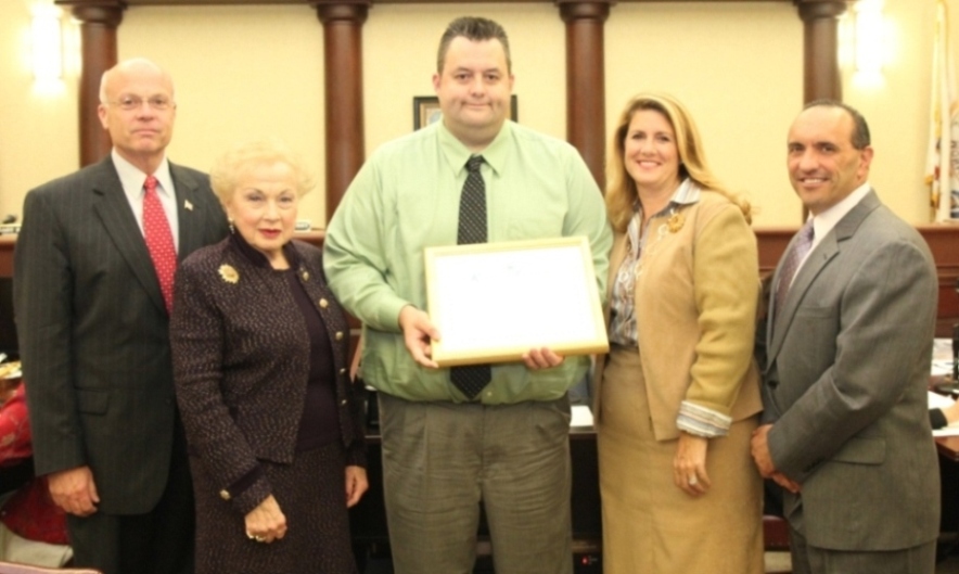 Highlands Mayor Frank Nolan was given a certificate of recognition for his outstanding leadership during and after Superstorm Sandy. Pictured left to right: Freeholder Gary J. Rich, Sr., Freeholder Lillian G. Burry, Mayor Frank Nolan, Freeholder Deputy Director Serena DiMaso and Freeholder Director Thomas A. Arnone.